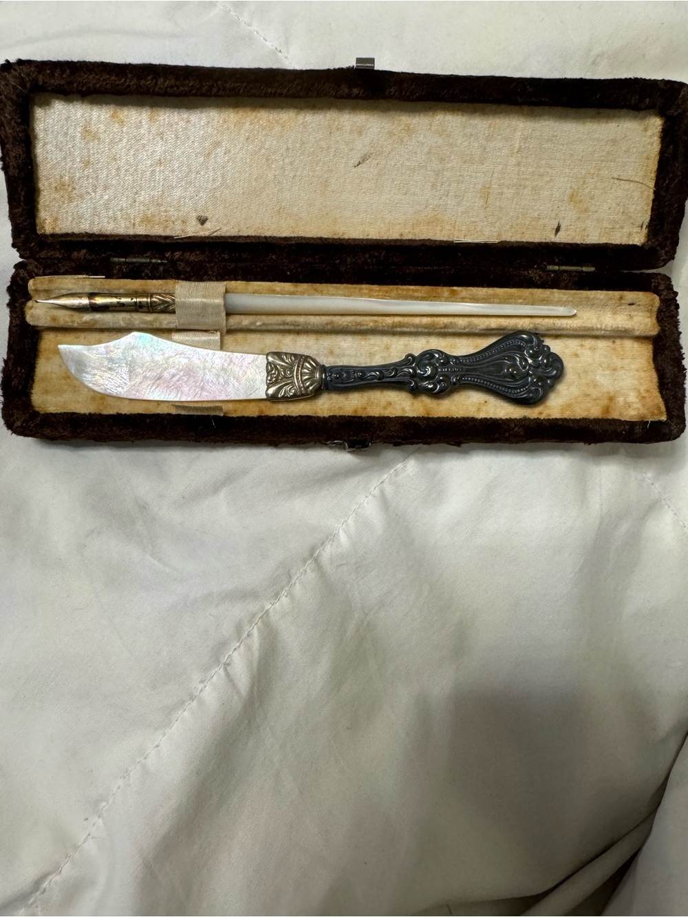 Antique Victorian Solid Silver & Mother of Pearl Writing Desk Set, Boxed, E.H.